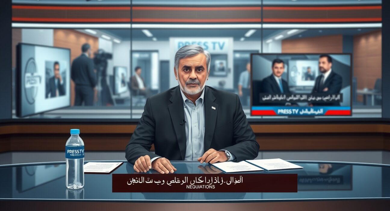 Press TV news anchor announcing Iran's conditions for ending the current conflict during a broadcast.