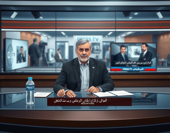 Press TV news anchor announcing Iran's conditions for ending the current conflict during a broadcast.