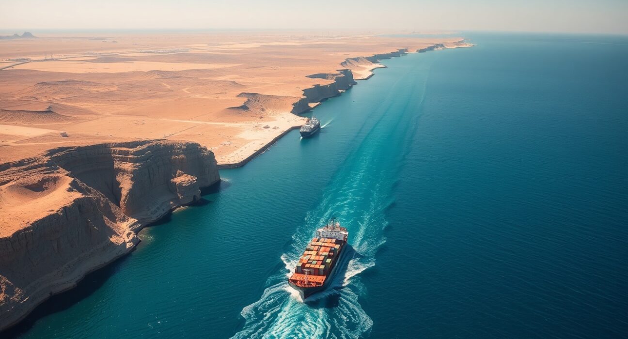 Strategic aerial view of the Strait of Hormuz, central to Iran's peace conditions for controlling vital shipping lanes.