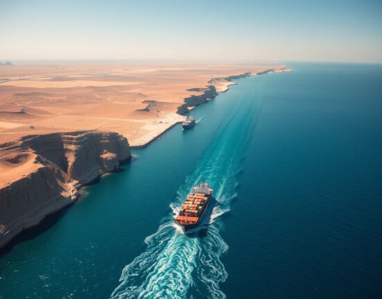 Strategic aerial view of the Strait of Hormuz, central to Iran's peace conditions for controlling vital shipping lanes.