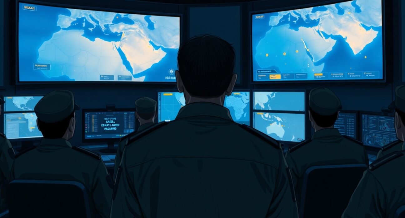 Iran military command center planning response to Trump threats with map of predetermined targets