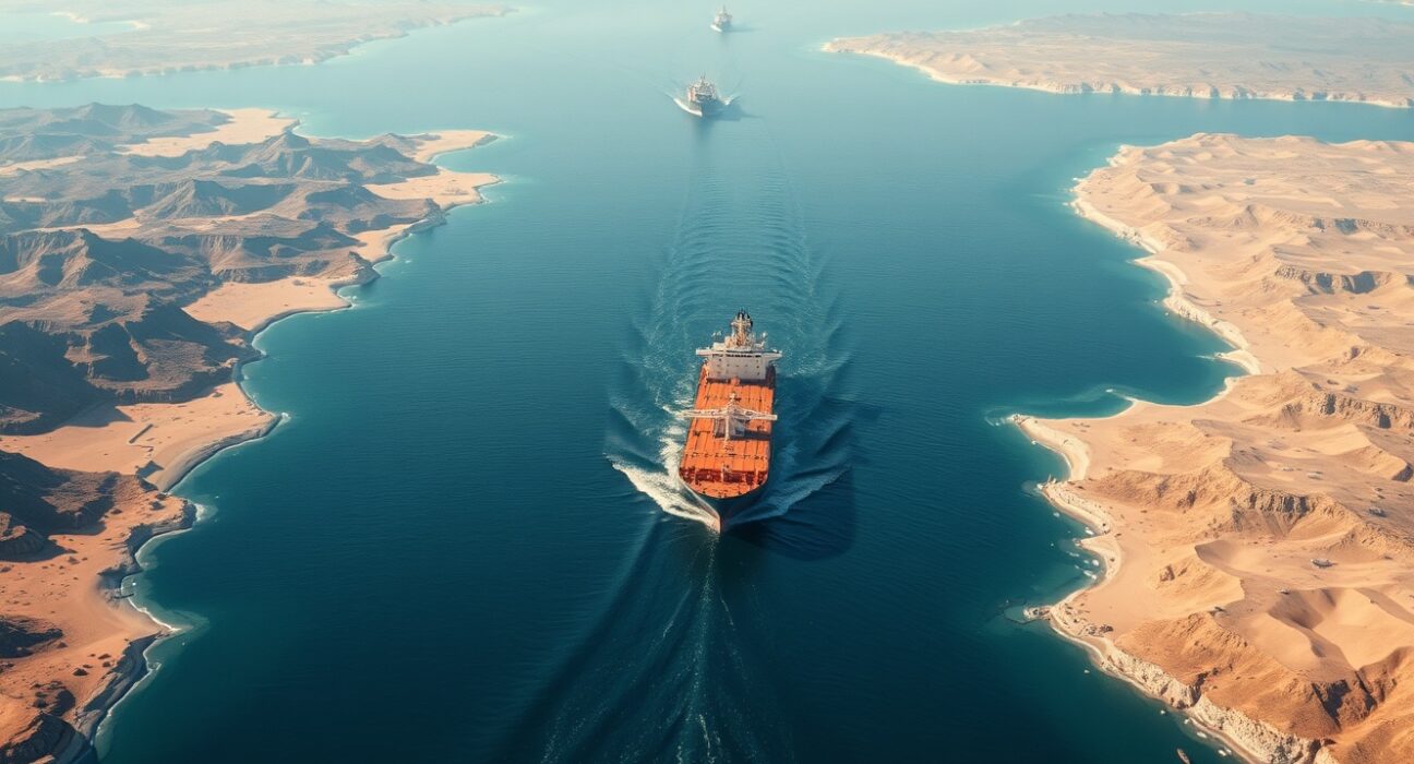 Strategic Strait of Hormuz waterway showing oil tankers navigating the critical global shipping chokepoint.
