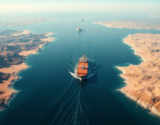 Strategic Strait of Hormuz waterway showing oil tankers navigating the critical global shipping chokepoint.