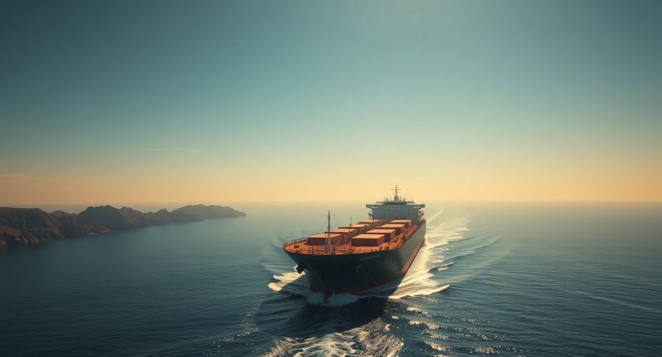 Oil tanker navigating the Strait of Hormuz at dawn with Iranian coastline in background