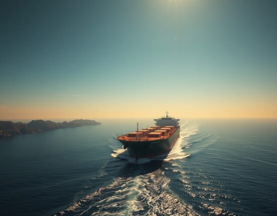Oil tanker navigating the Strait of Hormuz at dawn with Iranian coastline in background