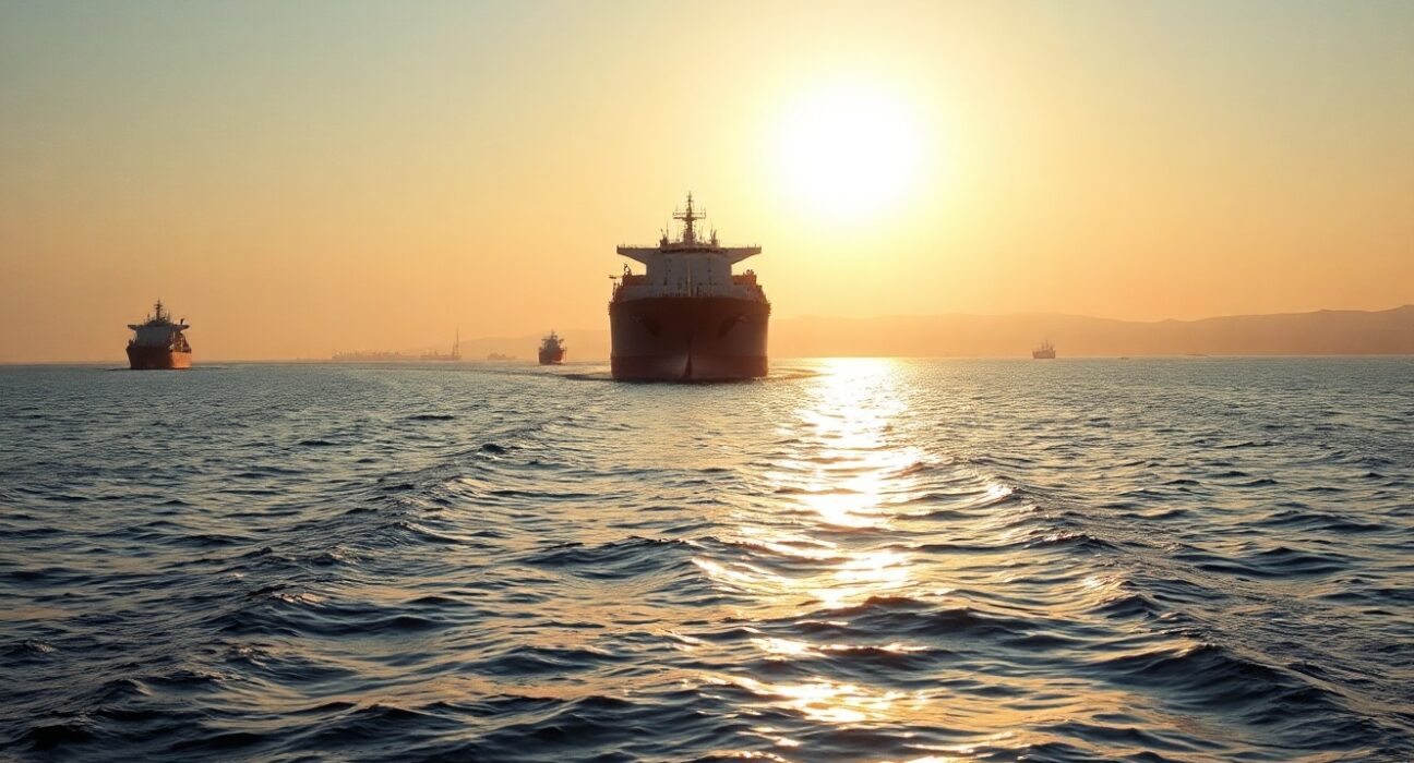 Oil tanker transits the Strait of Hormuz near the Iranian coastline
