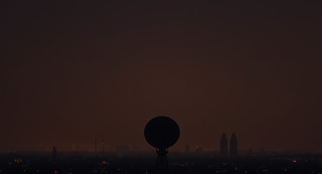 A military radar dish silhouetted against a hazy Middle Eastern skyline at dusk, representing heightened regional security tensions.