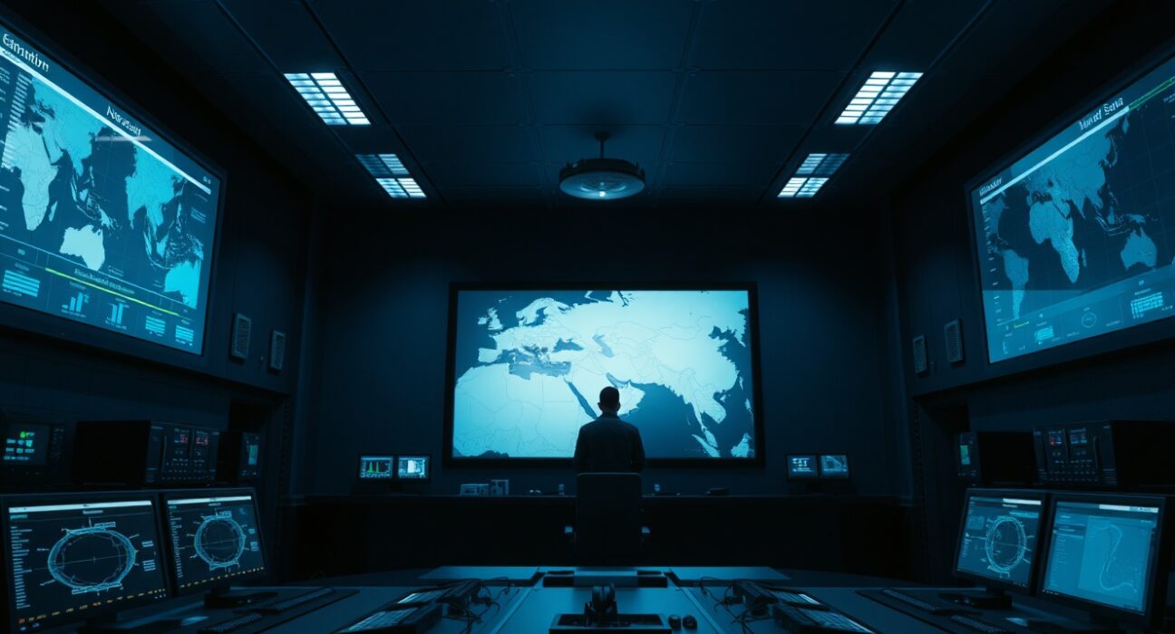 Interior of an Iranian nuclear facility control room with a Middle East map on the wall