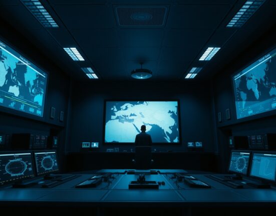 Interior of an Iranian nuclear facility control room with a Middle East map on the wall