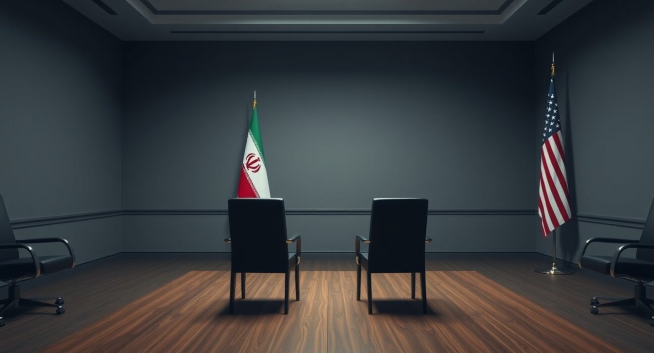 Empty diplomatic negotiation table representing Iran US tensions over threatening language