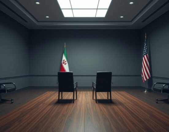 Empty diplomatic negotiation table representing Iran US tensions over threatening language