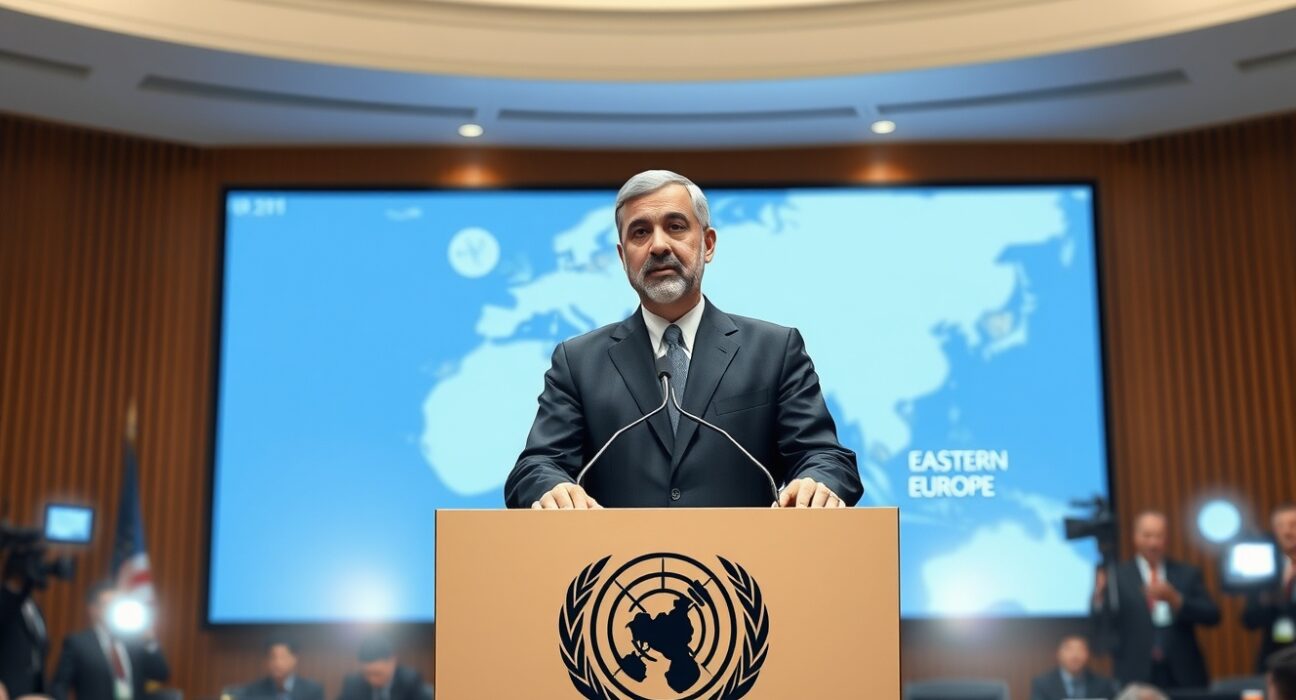 Iranian diplomat warns against linking Ukraine conflict to Middle East tensions at UN press conference.