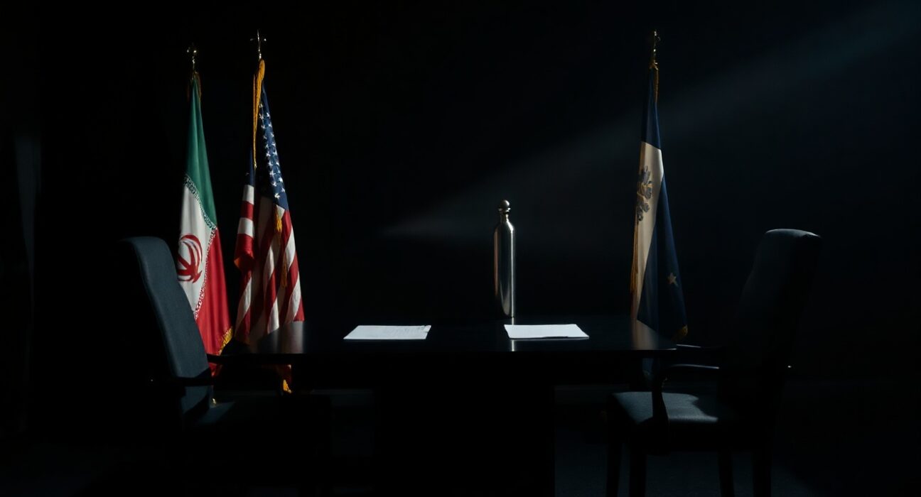 Diplomatic table with Iranian and US flags, representing tense ceasefire negotiations.