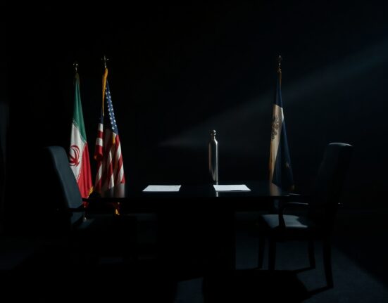 Diplomatic table with Iranian and US flags, representing tense ceasefire negotiations.