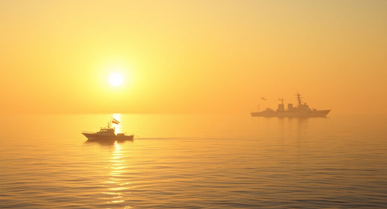 Strait of Hormuz ceasefire violation: Iranian patrol boat in Persian Gulf with US destroyer on horizon