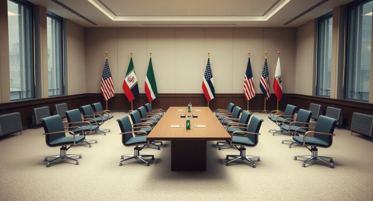 Empty diplomatic conference room with flags of Iran and other nations after talks collapse