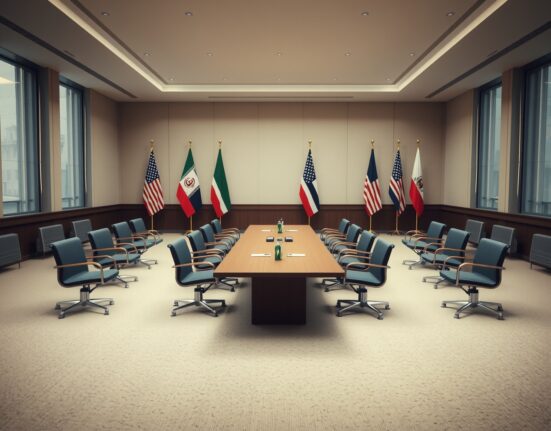 Empty diplomatic conference room with flags of Iran and other nations after talks collapse