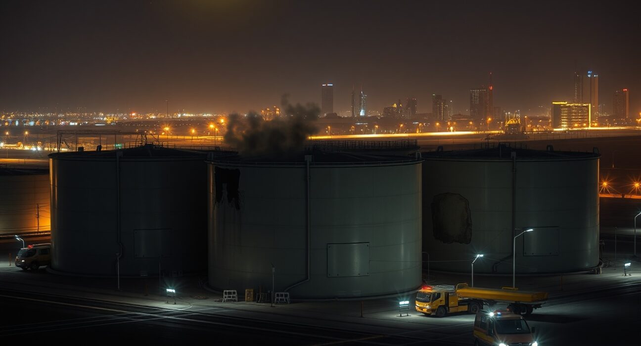 Damaged fuel storage tanks at Muharraq facility following Iranian attack on Bahrain energy infrastructure