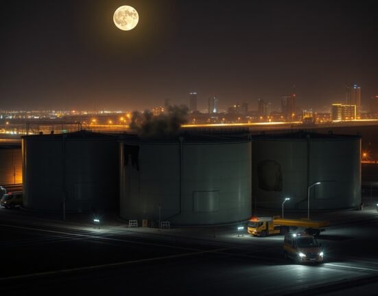 Damaged fuel storage tanks at Muharraq facility following Iranian attack on Bahrain energy infrastructure