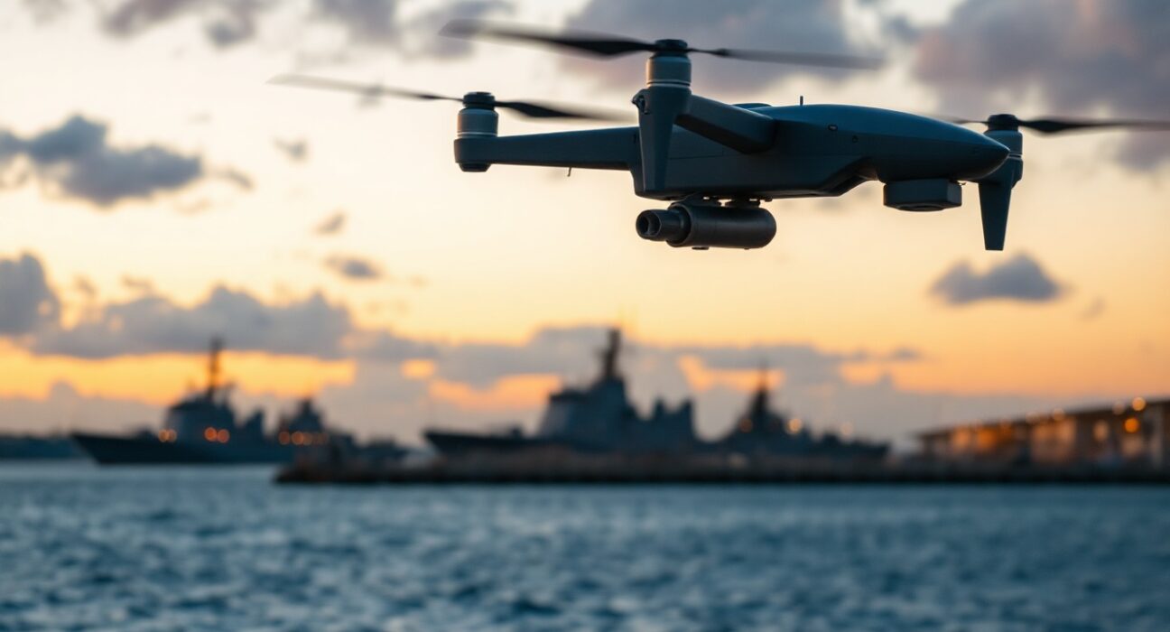Military drone flying near US naval base in Bahrain at dusk
