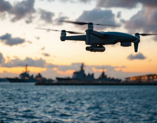 Military drone flying near US naval base in Bahrain at dusk