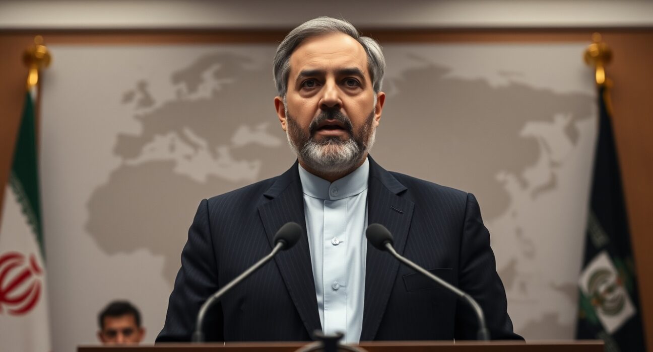 Iranian Foreign Minister Araghchi at a podium discussing the regional tour to end war with the US and Israel