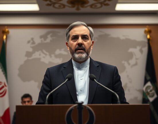 Iranian Foreign Minister Araghchi at a podium discussing the regional tour to end war with the US and Israel