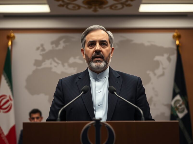 Iranian Foreign Minister Araghchi at a podium discussing the regional tour to end war with the US and Israel