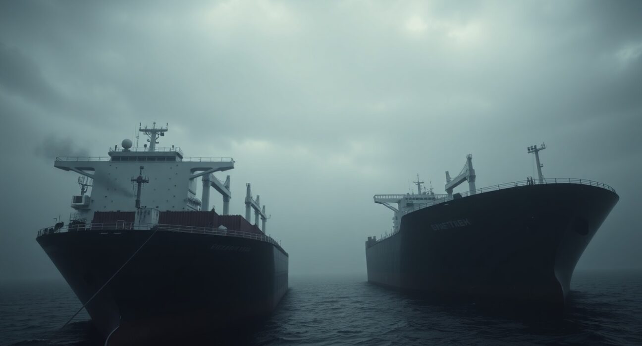 Two oil tankers in the Strait of Hormuz, one with visible damage from a missile strike.