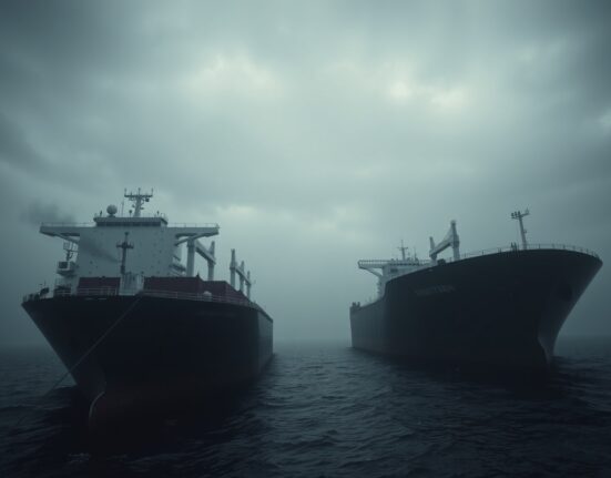 Two oil tankers in the Strait of Hormuz, one with visible damage from a missile strike.