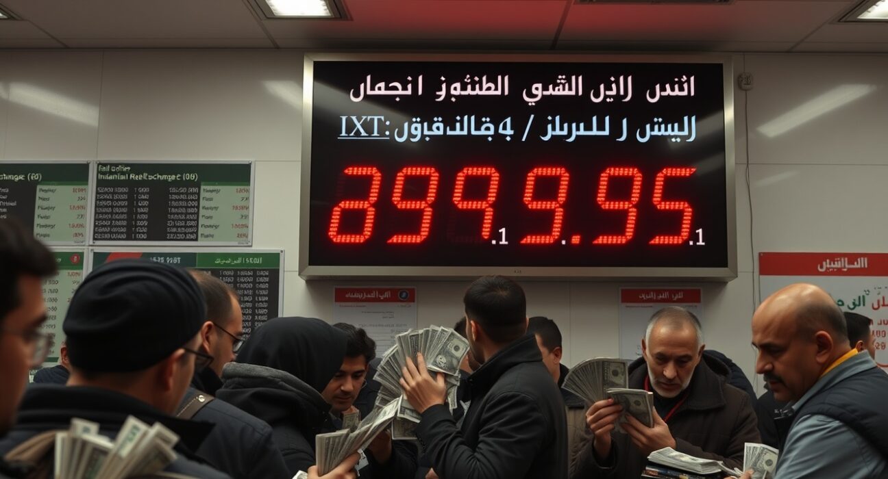 Iranian Rial record low exchange rate display in Tehran currency exchange office