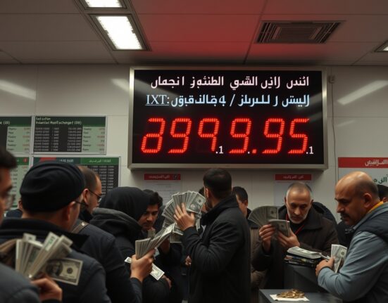 Iranian Rial record low exchange rate display in Tehran currency exchange office