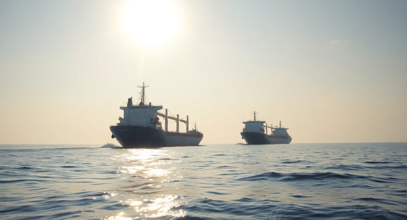 Oil tanker and cargo ship sailing through open ocean after breaking through a naval blockade.