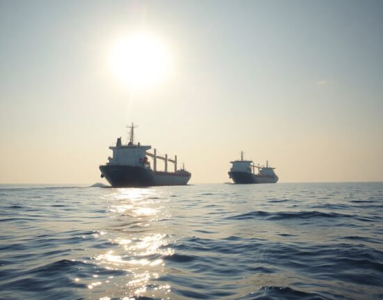 Oil tanker and cargo ship sailing through open ocean after breaking through a naval blockade.