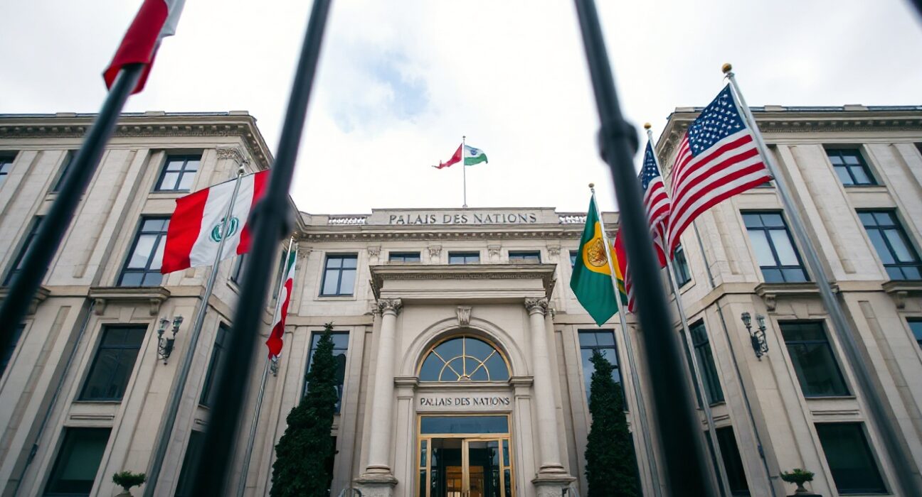 Palais des Nations in Geneva with Iranian and US flags, representing diplomatic talks.