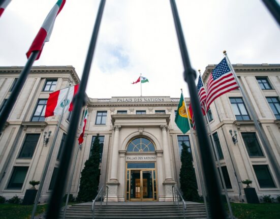 Palais des Nations in Geneva with Iranian and US flags, representing diplomatic talks.