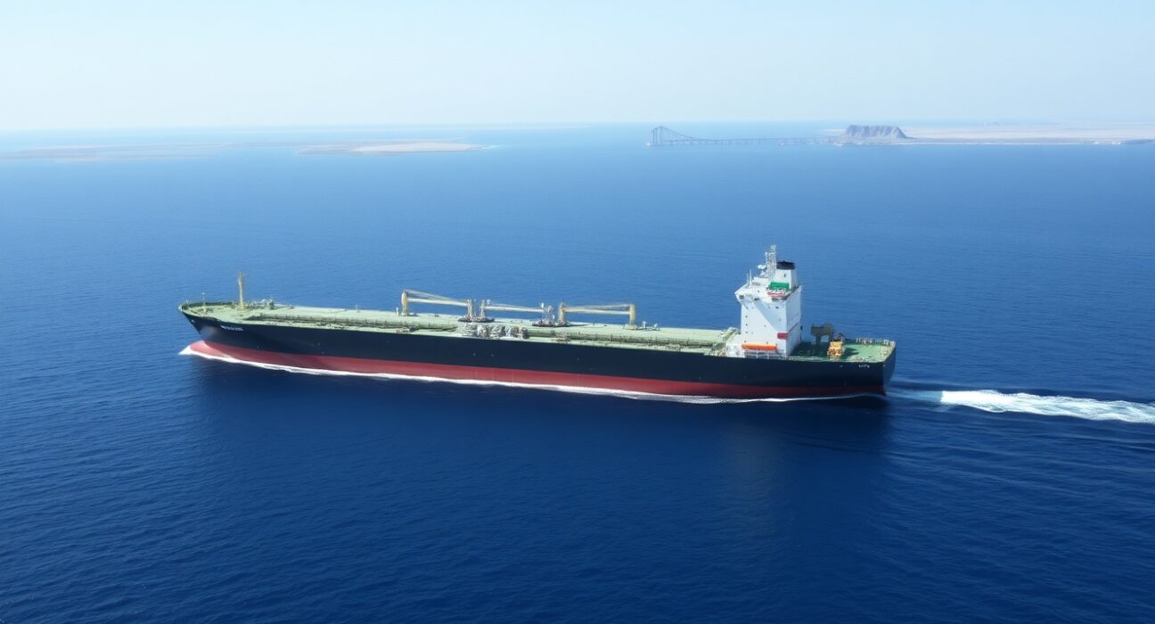 Iranian supertanker under US sanctions transiting the Strait of Hormuz.