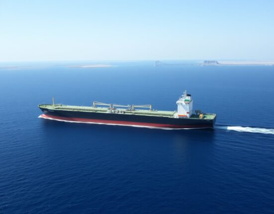 Iranian supertanker under US sanctions transiting the Strait of Hormuz.