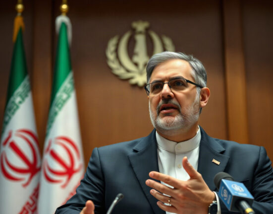 Iranian Foreign Minister Abbas Araghchi speaking at a press conference