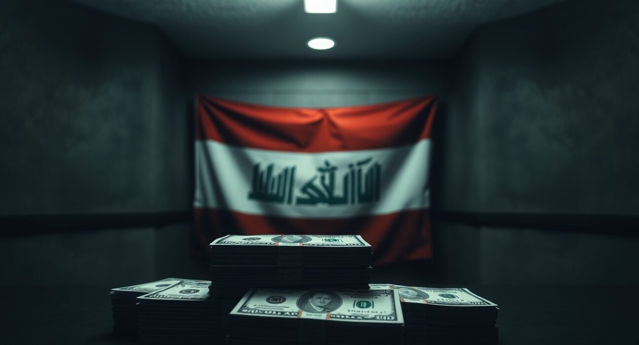 Stacks of U.S. dollars and Iraqi flag in a secure room, representing new currency controls.