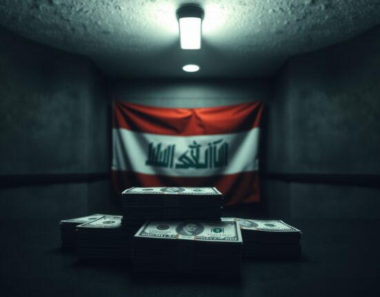 Stacks of U.S. dollars and Iraqi flag in a secure room, representing new currency controls.