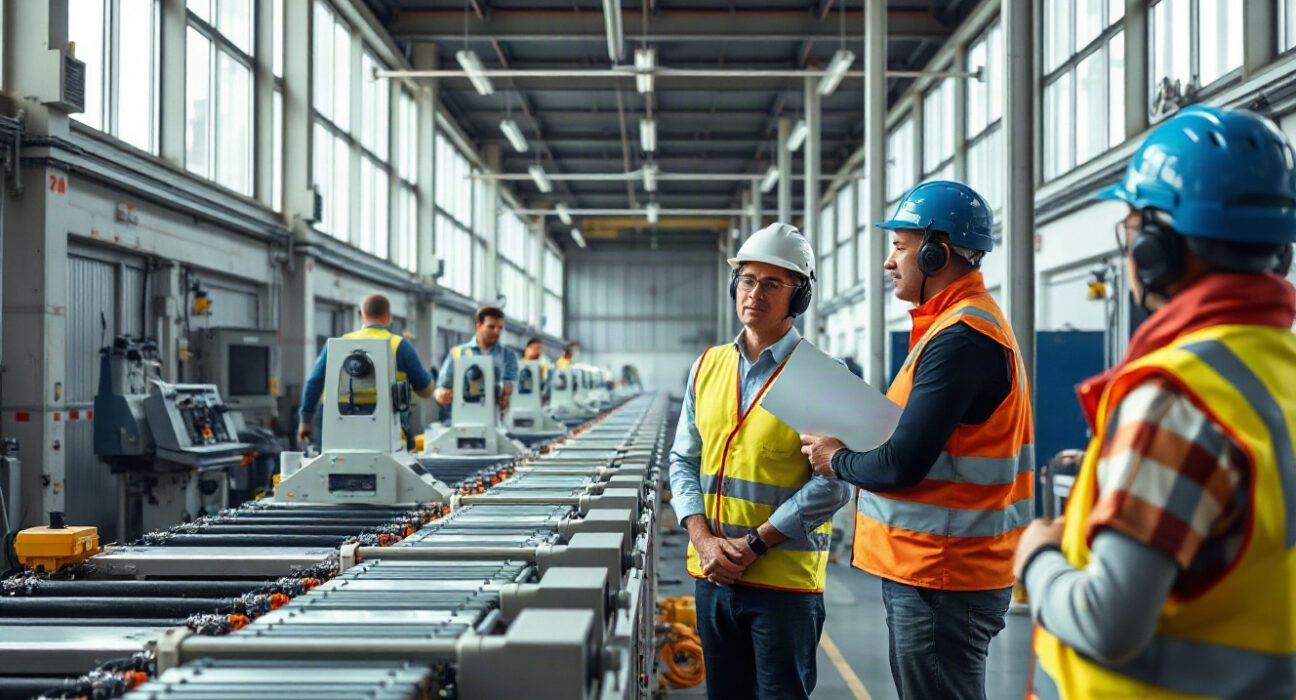 Workers on a factory floor in Ireland, representing the country's manufacturing sector expansion.
