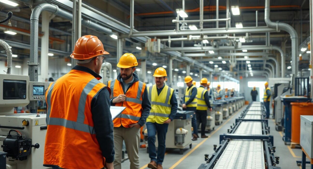Workers monitoring automated machinery in a modern Irish manufacturing plant