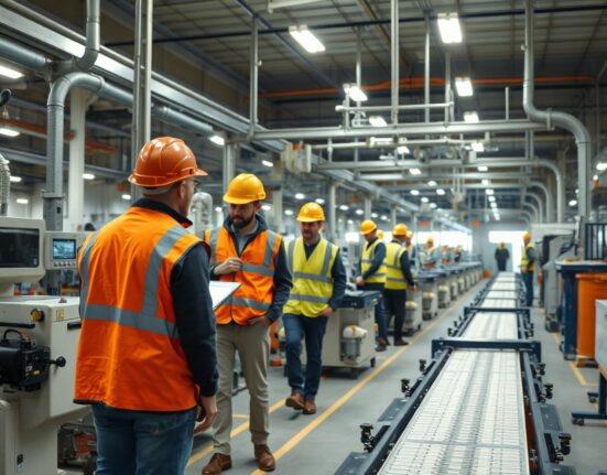 Workers monitoring automated machinery in a modern Irish manufacturing plant