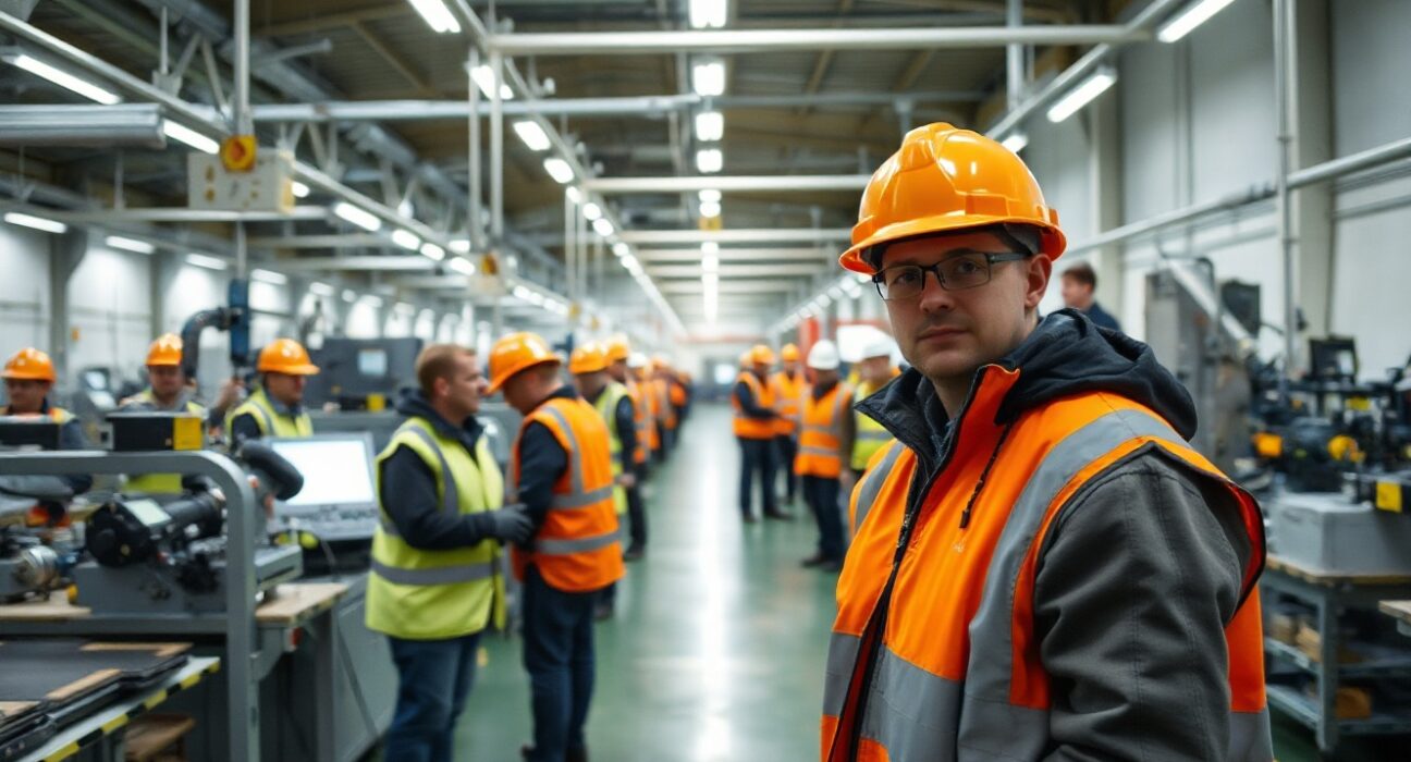 Interior of a modern Irish manufacturing facility with workers on the production floor