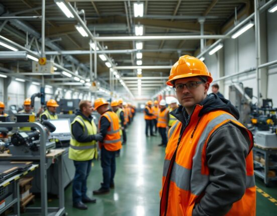 Interior of a modern Irish manufacturing facility with workers on the production floor