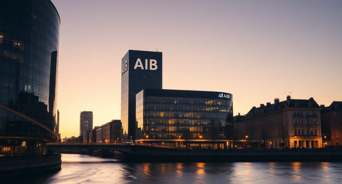 AIB headquarters in Dublin at dusk, symbolizing Ireland's services sector growth