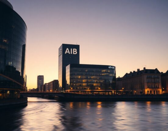AIB headquarters in Dublin at dusk, symbolizing Ireland's services sector growth