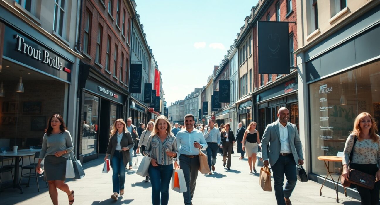 Busy Dublin street with shoppers on a sunny day reflecting rising consumer confidence in Ireland