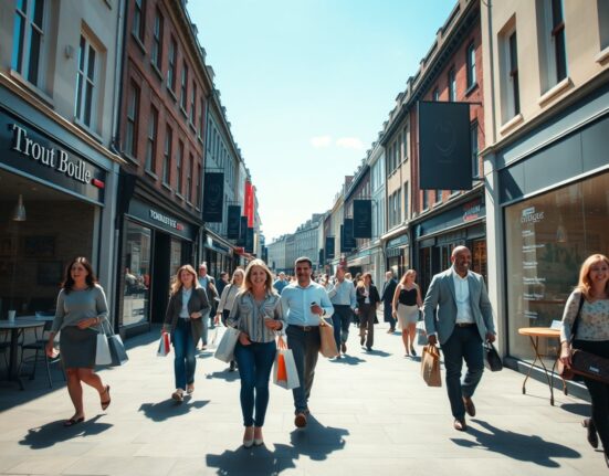 Busy Dublin street with shoppers on a sunny day reflecting rising consumer confidence in Ireland